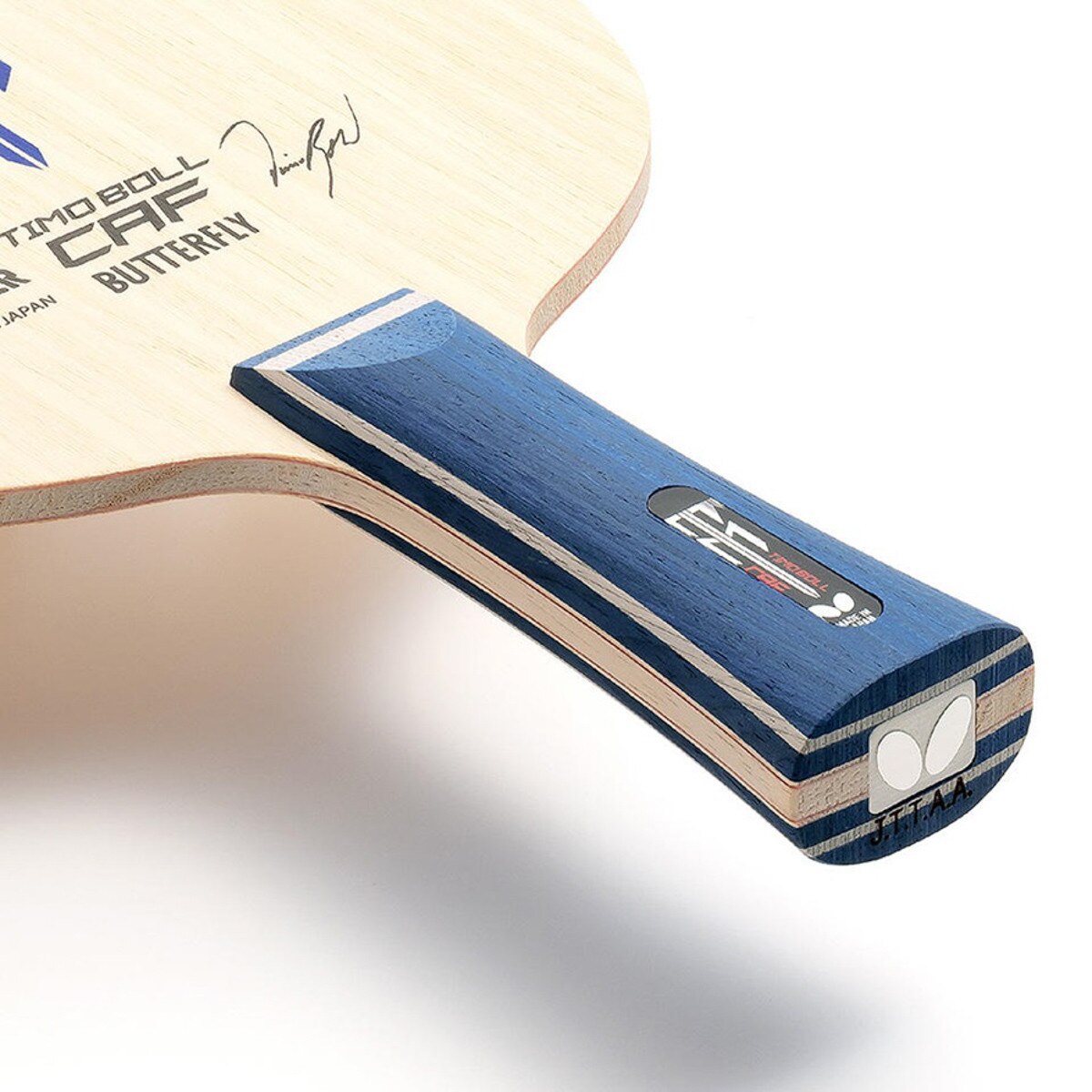 Timo Boll CAF Blade - Diagonal Close-up View of Flared Handle